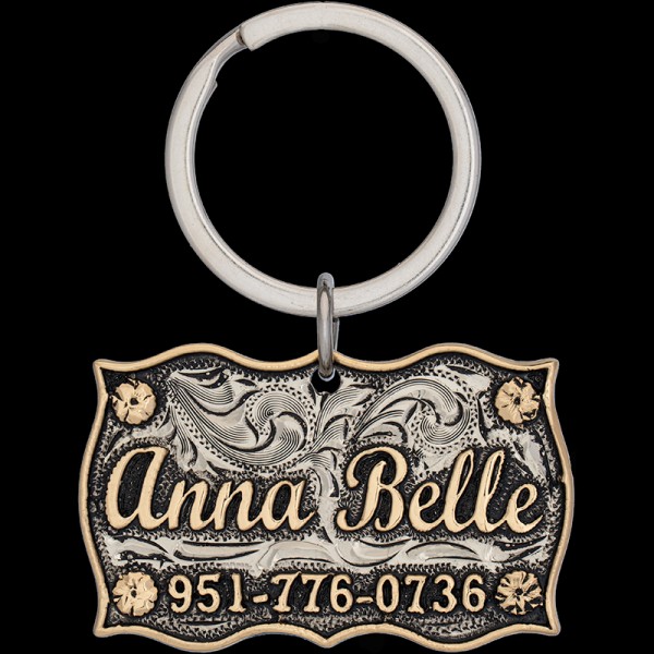 ANNA BELLE, German Silver Base 2" x 1.5" with Jewelers Bronze Letters and Small Corner Flowers.